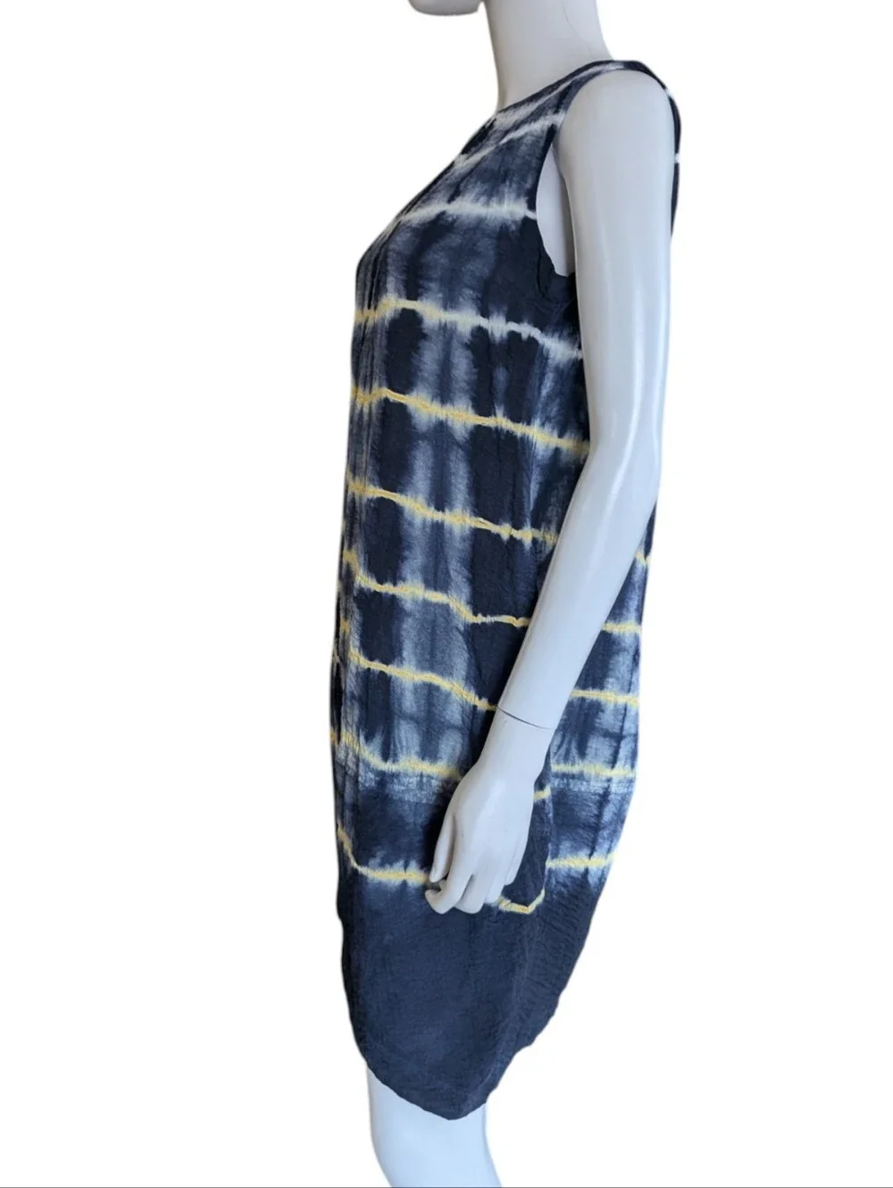 Sleeveless Navy and Yellow Tie-Dye Shift Dress - Picture 4 of 7